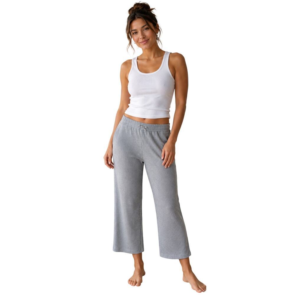 Soft surroundings sz L grey waffle knit cropped tie waist lounge pants stretch